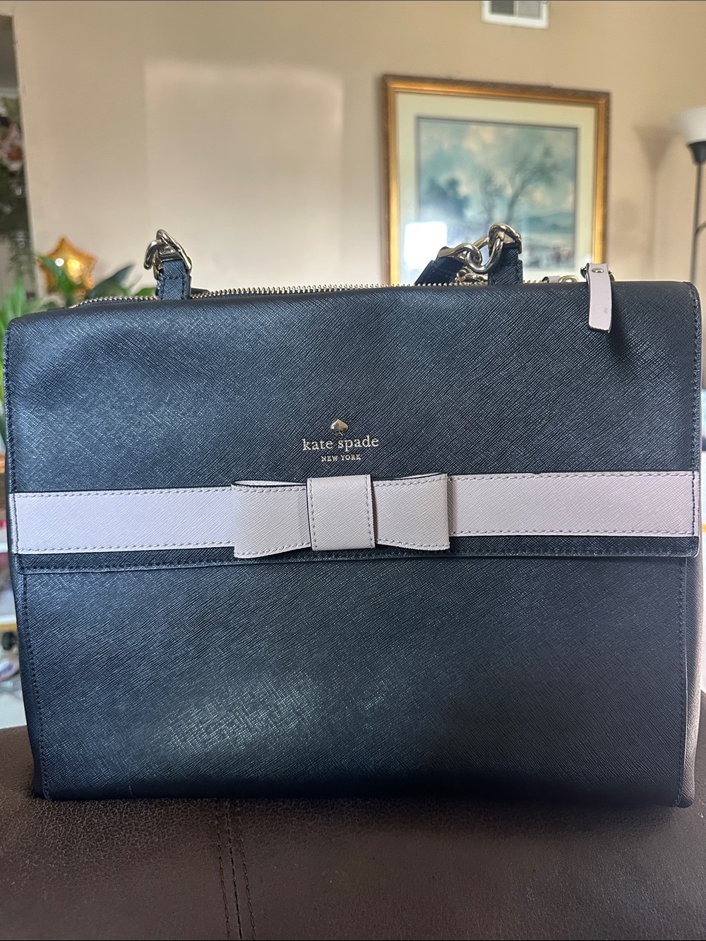 Kate Spade Black Leather Satchel with Light Pink Bow Trim Great condition
